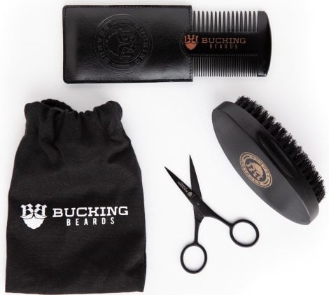 All-in-one Men’s Grooming Set – Travel Bag, Wooden Comb, Bristle Brush, and Mustache Scissors included.