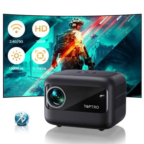 Portable TOPTRO TR25 Mini Projector, with WiFi, Bluetooth 5.2, 15000 Lumens, HD 1080P, and Electric Keystone Correction. Perfect for iOS/Android/PS5.