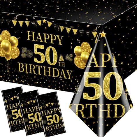 Celebrate 50th birthday with stylish Pymurod table decorations! Black and gold theme for a memorable party.