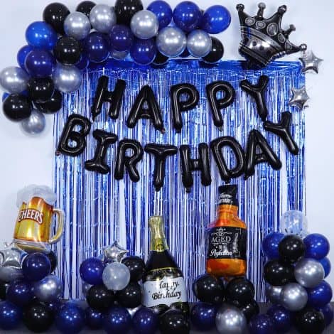 MURDIZZO Birthday Celebration Kit: Blue and Black decorations including banner, fringe curtains, beer crown balloons, and balloon kits for various ages.