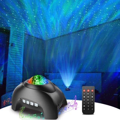 A versatile home decor gadget: Multifunctional Starry Skies Projector with Bluetooth speaker, ideal for bedroom, gaming room, and home theater.