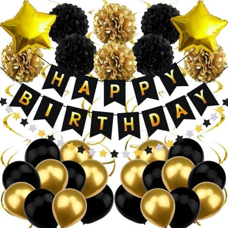 Black and Gold Happy Birthday Decorations for Men – Recosis Party Supplies for Ages 40-90.