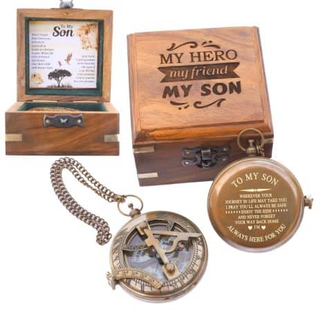 Personalized Sundial Compass Gift for Son, from Mom, Dad, or Grandparents. Comes with a case.