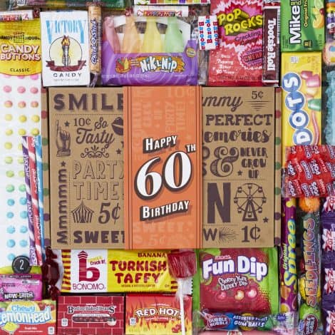 Celebrate turning 60 with the perfect 1963-themed candy gift basket from Vintage Candy Co.