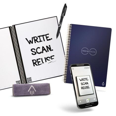 Rocketbook Core is a revolutionary, eco-friendly smart notebook with cloud sharing. Comes with pen, cloth, and app.