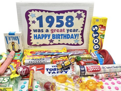 1958 Retro Candy Yum Gift Box with Childhood Favorites for 65th Birthday Celebration.