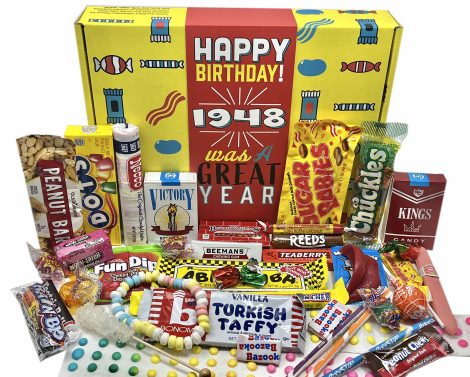 Retro Candy Yum – 1948 Birthday Gift Box filled with nostalgic candies for the 75th celebration!