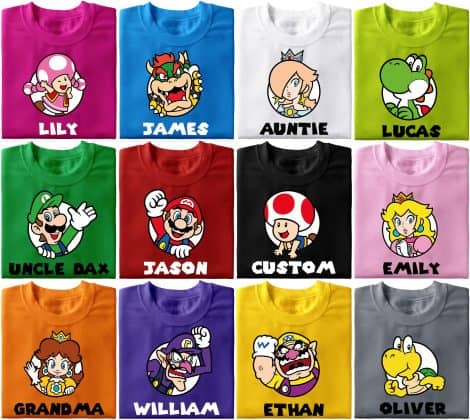 Customized Mario Super Family Shirt, perfect for Mario fans of all ages, with personalized options available.