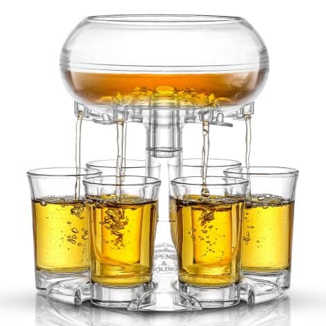 JoyJolt 6 Shot Glass Dispenser and Shot Glasses Set. 32oz Liquor Dispenser for Home Bar, Parties, and Halloween.