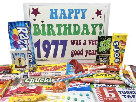 1977 Retro Candy Yum Box: Perfect 46th Birthday Gift with Classic Childhood Treats for ’77 Babies.