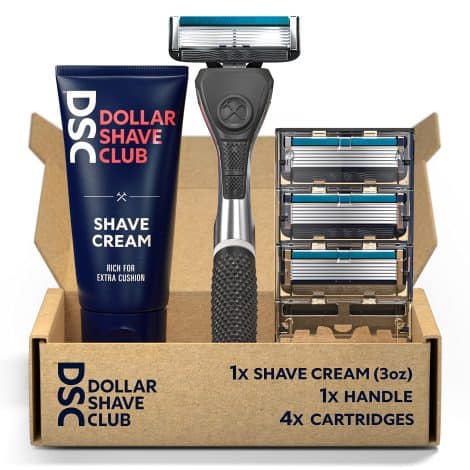 Dollar Shave Club offers a 6-piece shaving set with a diamond grip handle, 6-blade cartridges, and aloe-infused shave cream.