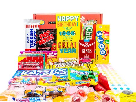 Retro Candy Yum ’66 Birthday Box – Sweet Nostalgic Mix for 57 Yr Olds Born in ’66.