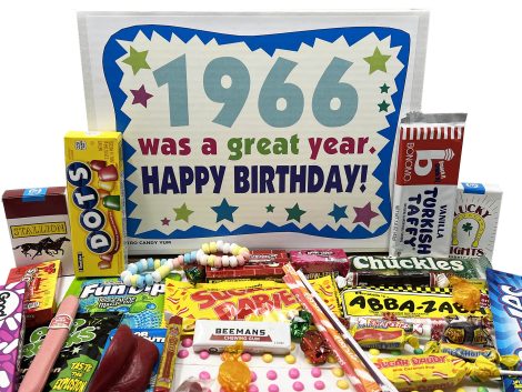 Throwback Candy Delights ~ 1966 57th Birthday Care Package Filled with Classic Childhood Treats for ’66 Babies.