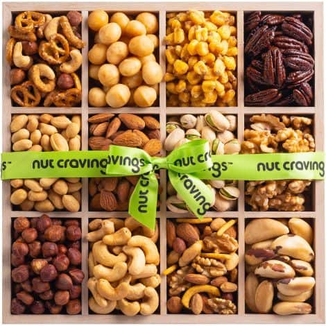 Healthy Kosher USA Made Gift Basket of Gourmet Mixed Nuts in a Reusable Wooden Tray + Green Ribbon.