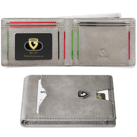 Introducing the GSOIAX Men’s Retro Grey Slim Wallet: a minimalist, carbon fiber RFID-blocking credit card holder.