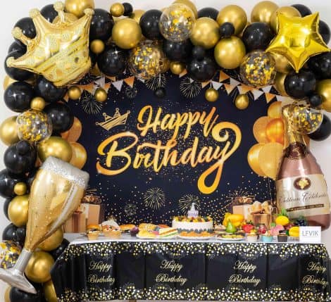 Black and Gold Birthday Decoration Kit with Arch Garland, Customized Backdrop, Tablecloth, Crown Balloon, and Photo Backdrop. Perfect for Men and Women Birthday Parties!